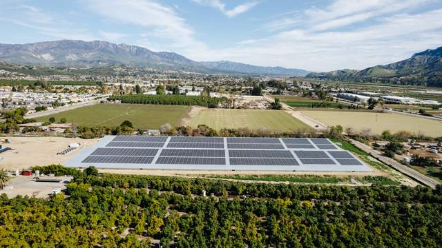 Solar array on a covered reservoir bordered by citrus orchard and open field