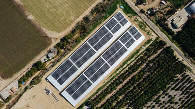 Overhead view of the two solar-covered reservoirs and surrounding fields