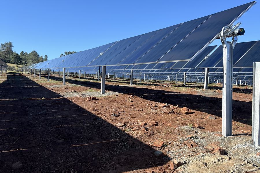 Solar modules seen close, steel piles set into red earth